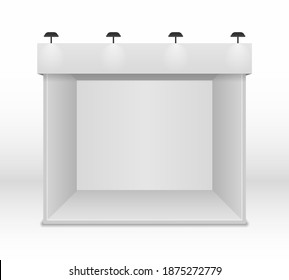 Standard exhibition stand with spotlights. White blank panels, advertising stand. Creative exhibition booth design on white background. Presentation event room display. Vector illustration, eps 10.