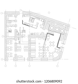 Standard furniture symbols used in architecture plans icons set, planning icon set, graphic design elements. Small cafe, restaurant, beer pub - top view plans. Vector isolated.