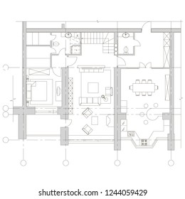 Standard furniture symbols used in architecture plans icons set, planning icon set, graphic design elements. Small house, flat - top view plans. Vector isolated.