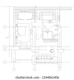 Standard furniture symbols used in architecture plans icons set, planning icon set, graphic design elements. Small house, flat - top view plans. Vector isolated.