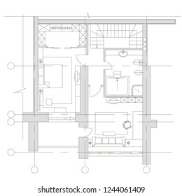 Standard furniture symbols used in architecture plans icons set, planning icon set, graphic design elements. Small house, flat - top view plans. Vector isolated.