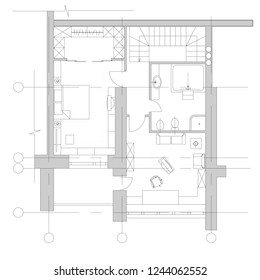 Standard furniture symbols used in architecture plans icons set, planning icon set, graphic design elements. Small house, flat - top view plans. Vector isolated.