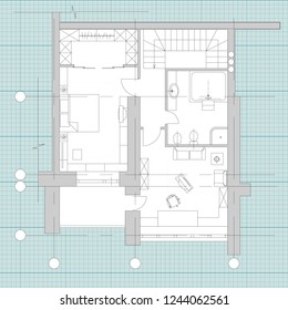 Standard furniture symbols used in architecture plans icons set, planning icon set, graphic design elements. Small house, flat - top view plans. Vector isolated.