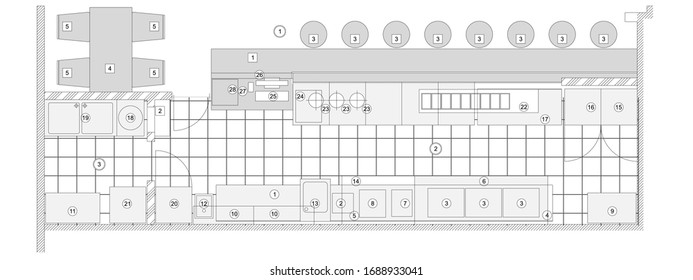 Standard furniture symbols used in architecture plans icons set, office planning icon set, graphic design elements. Small cafe, restaurant, beer pub - top view plans. Vector isolated.