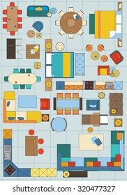 Standard furniture symbols used in architecture plans icons set, graphic design elements, in color isolated on blueprint background, vector illustration.Home planning icon set.