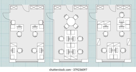 Standard furniture symbols used in architecture plans icons set, office planning blueprint, graphic design elements. Small Office room - top view plans. Vector isolated.