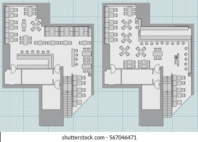 Standard furniture symbols used in architecture plans icons set, office planning icon set, graphic design elements. Small cafe, restaurant, beer pub - top view plans. Vector isolated.