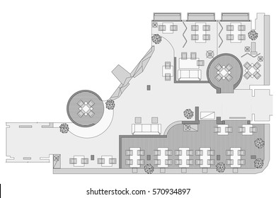 Standard furniture symbols used in architecture plans icons set, office planning icon set, graphic design elements. Small cafe, restaurant, beer pub - top view plans. Vector isolated.