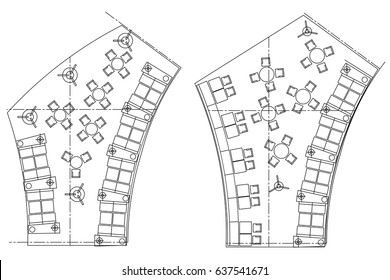 Standard furniture symbols used in architecture plans icons set, office planning icon set, graphic design elements. Small cafe, restaurant, beer pub - top view plans. Vector isolated.