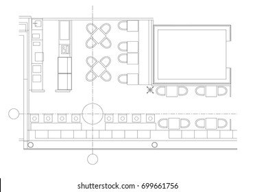 Standard furniture symbols used in architecture plans icons set, office planning icon set, graphic design elements. Small cafe, restaurant, beer pub - top view plans. Vector isolated.