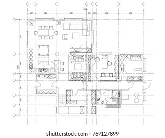 Standard furniture symbols used in architecture plans icons set, graphic design elements,home planning icon set.Small private country contemporart house with a restroom .