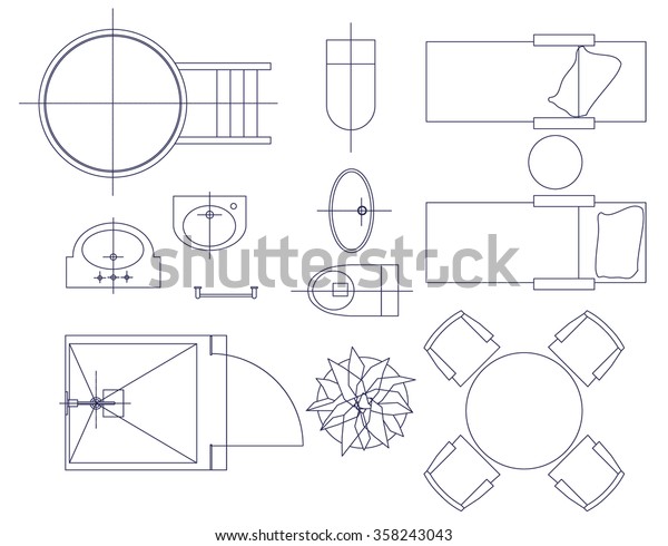 Standard Furniture Symbols Used Architecture Plans Stock Vector