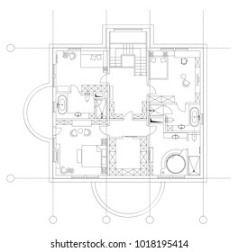 Standard home furniture symbols set used in architecture plans, home planning icon set, graphic design elements. Small privat house - top view plans. Vector isolated.