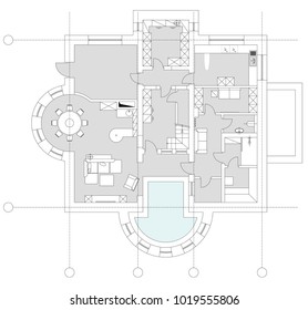 Standard home furniture symbols set used in architecture plans, home planning icon set, graphic design elements. Small privat house - top view plans. Vector isolated.
