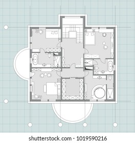 Standard home furniture symbols set used in architecture plans, home planning icon set, graphic design elements. Small privat house - top view plans. Vector isolated.Blueprint.