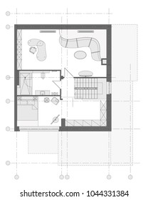 Standard home furniture symbols set used in architecture plans, home planning icon set, graphic design elements. Small privat house - top view plans. Vector isolated.