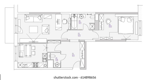 Standard Home Furniture Symbols Set Used In Architecture Plans, Home Planning Icon Set, Graphic Design Elements. Small Flat Room - Top View Plans. Vector Isolated.