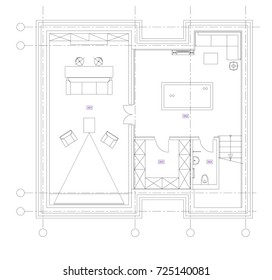 Standard home furniture symbols set used in architecture plans, home planning icon set, graphic design elements. Small private house - top view plans. Vector isolated.