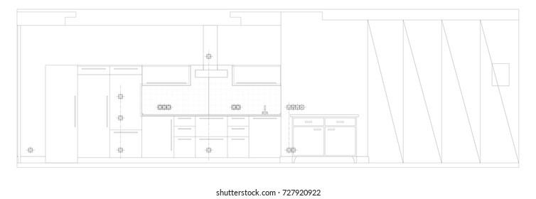 Standard home furniture symbols set used in architecture plans, home planning icon set, graphic design elements. Small privat house - kitchen wall view. Vector isolated.