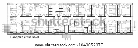 Standard hotel furniture symbols set used in architecture plans, hotel planning outline icon set, graphic design elements. Small living room - top view plans. Vector isolated.