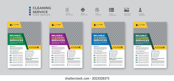 standard house cleaning service flyer template design with one image placement, four colors variation. fully editable, professional, eye catchy design. vector a4 size, eps 10 version, brochure cover