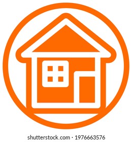 Standard house icon in flat design with orange color and outline on a line circle background.