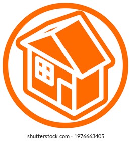 Standard house icon in isometric flat design with orange color and outline on a line circle background.