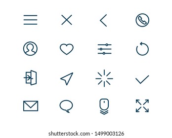 Standard icons for websites vector linear set. Elements navigation outline symbols pack. Collection of simple navigation and action icons isolated contour illustrations. Menu. Avatar. Scroll. Tuning