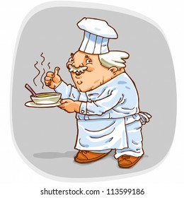 Standard illustration of Cook Chief holding a dish with a soup.