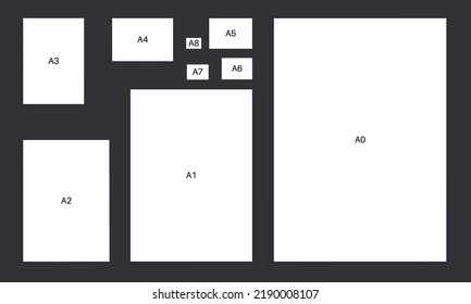 Standard international paper size. Empty page, a2, a3, a4 and other formats mockup. Blank realistic sheet. White document for business, education. Shadow effect on gray background vector