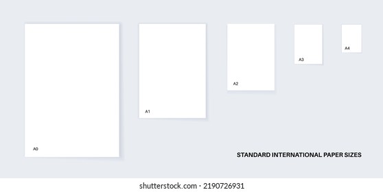 Standard international paper size. Empty page, a2, a3, a4 and other formats mockup. Blank realistic sheet. White document for business, education. Shadow effect on gray background vector