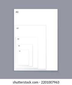 Standard international paper size. Empty page, a2, a3, a4 and other formats mockup. Blank realistic sheet. White document for business, education. Shadow effect on gray background vector illustration