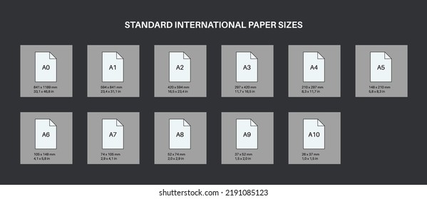 Standard international paper size icons for creating empty pages a0, a1, a2 and other formats. User interface, pictograms or buttons for business or education on gray background vector illustration