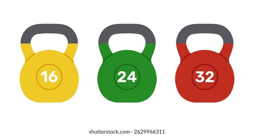 Os kettlebells padrão pesam 16, 24 e 32 quilogramas. Pesos amarelos, verdes e vermelhos para o esporte de levantamento de kettlebell. Equipamento de fitness. Ilustração plana vetorial isolada sobre fundo branco