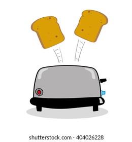 Standard kitchen toaster with two slices of toasted bread popping into the air