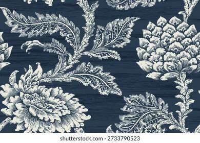 a standard lafayette blue floral pattern, with white flowers on a dark indigo background. 
