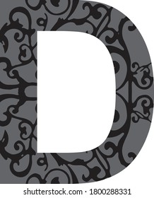 Standard letter D English alphabet with stylized filigree filled in the inside black and gray Illustrator 10 vector eps graphic design