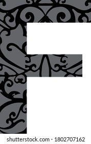Standard letter F English alphabet with filigree in the inside black and gray Illustrator 10 eps vector graphic design