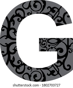 Standard letter G English alphabet with stylized filigree filled in the inside black and gray