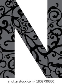 Standard letter N English alphabet stylized filigree fill inside stroke in black and gray Illustrator 10 eps vector graphic design