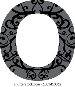 Standard letter O English alphabet with stylized filigree fill inside stroke in black and gray Illustrator 10 eps vector graphic design