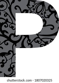 Standard letter P English alphabet with filigree filled in the inside in black and gray Illustrator eps vector graphic design