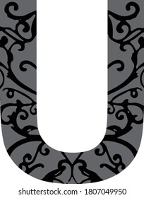 Standard letter U English alphabet with filigree filled inside in black and gray Illustrator 10 eps vector graphic design