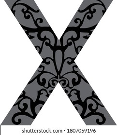 Standard letter X English alphabet with filigree fill inside stroke in black and gray Illustrator 10 eps vector graphic design