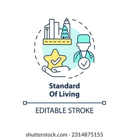 Standard of living concept icon. Well being. Human development index. Socio economic. Income growth. Quality of life abstract idea thin line illustration. Isolated outline drawing. Editable stroke