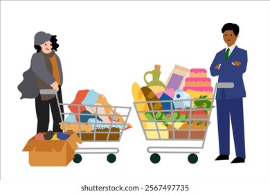 Standard of living. Rich man and a poor woman.  Full trolley of food and an empty trolley. Vector simple color flat illustration.