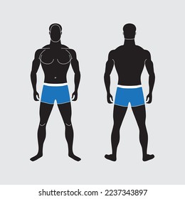 Standard male silhouette. Front and back view. Adult guy with normal weight. Impersonal character in full growth. Man with slender figure. Person with moderate body fat and correct body proportions.