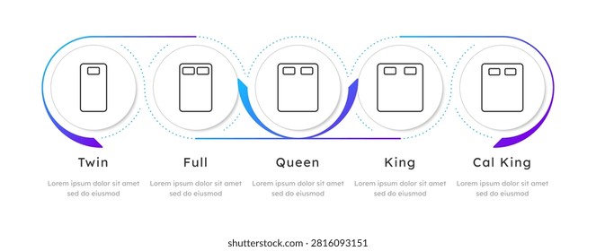 Standard mattress sizing comparison infographic 5 steps. Bed size classification system. Bedroom layout planning. Minimalist sleep solutions. Editable two color line icons diagram flow