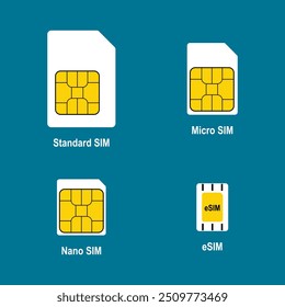 Iconos estándar, micro, nano sim y tarjeta esim. Símbolos de Vector aislados.