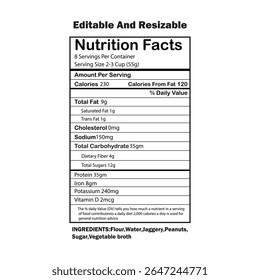 Standard Nutrition Facts Label with Ingredients List Editable and Resizable Template